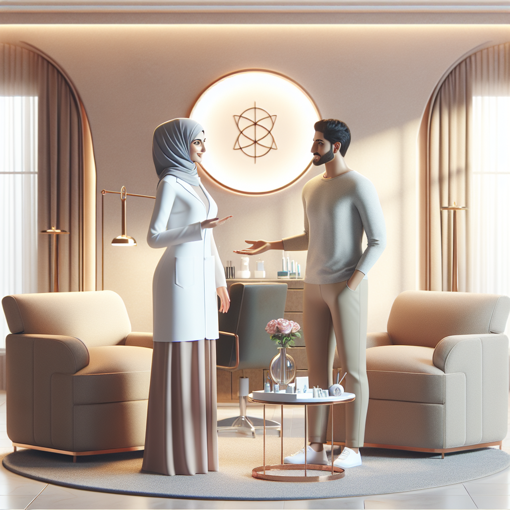 A welcoming aesthetic clinic interior with soft lighting, modern decor, and a friendly staff member greeting a client.