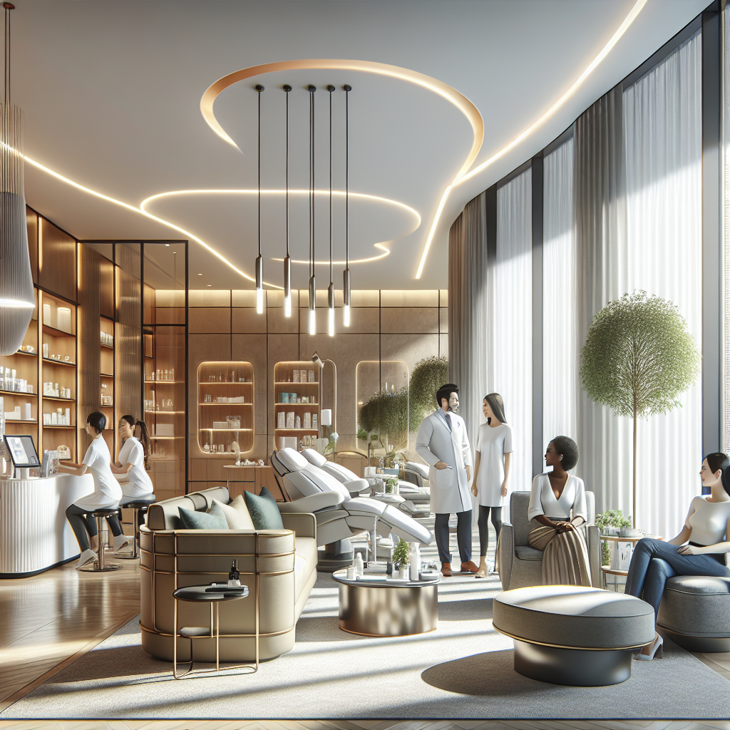 A modern aesthetic clinic interior with welcoming decor and friendly staff assisting clients