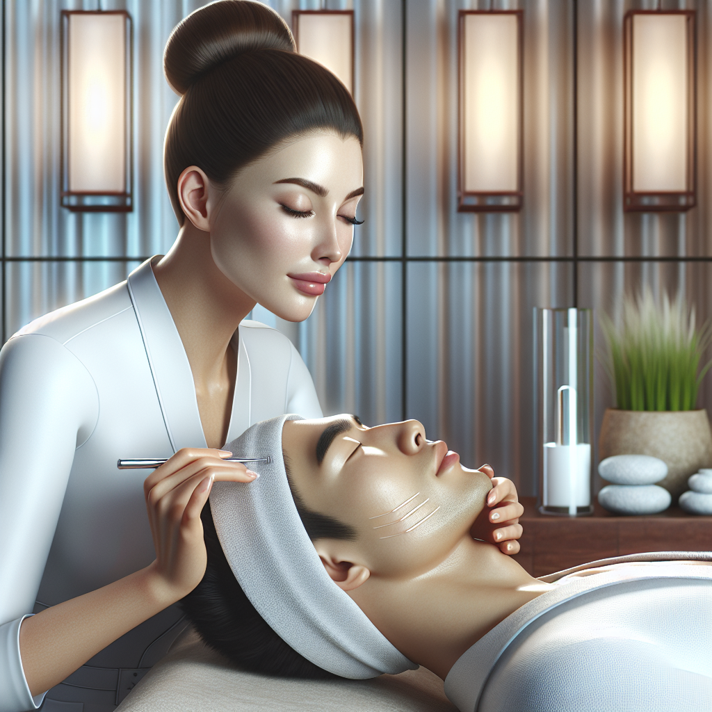 A serene spa environment with a professional conducting microneedling treatment on a client's face