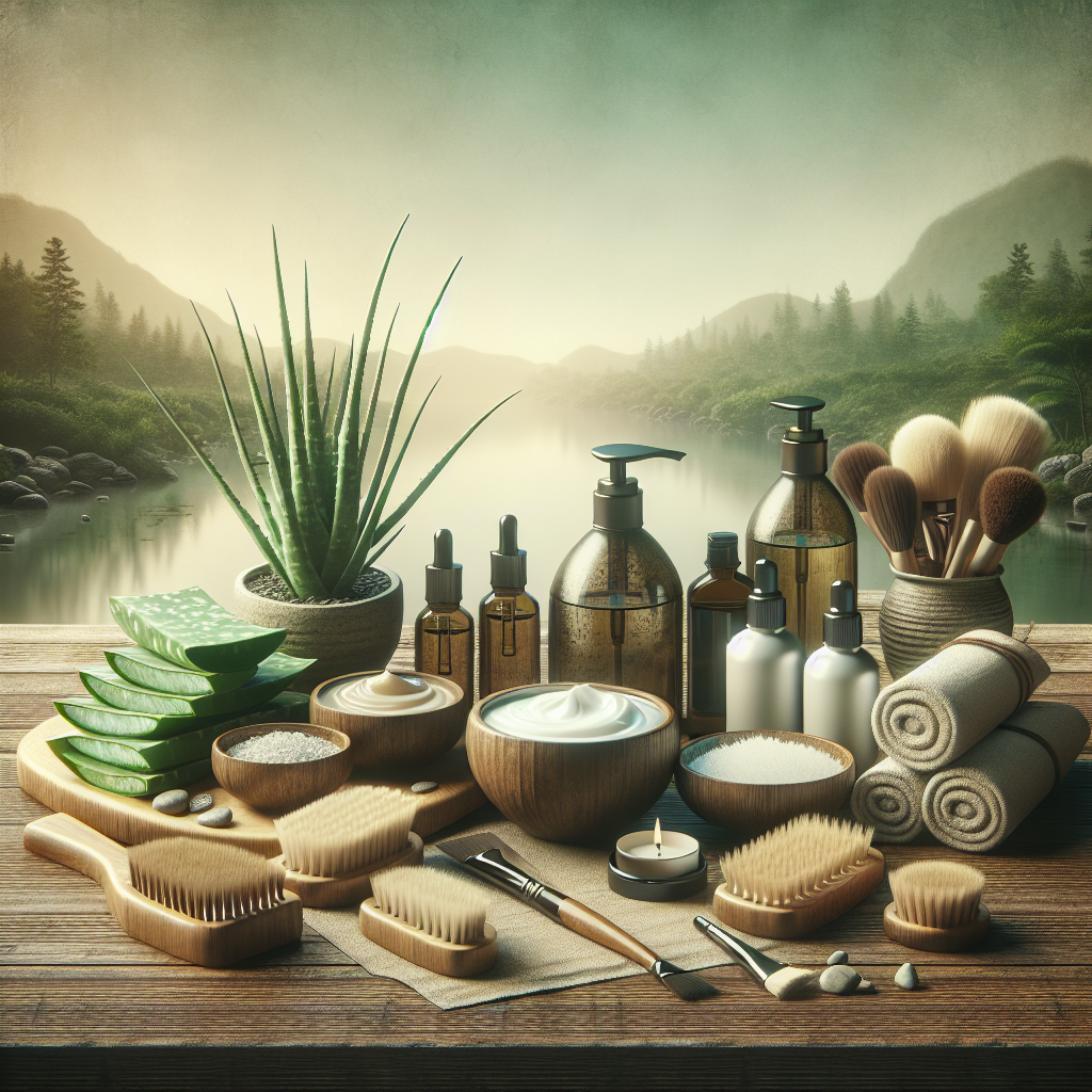 A serene spa setting with natural skincare products including aloe vera gel, coconut oil, essential oils, and dry brushes