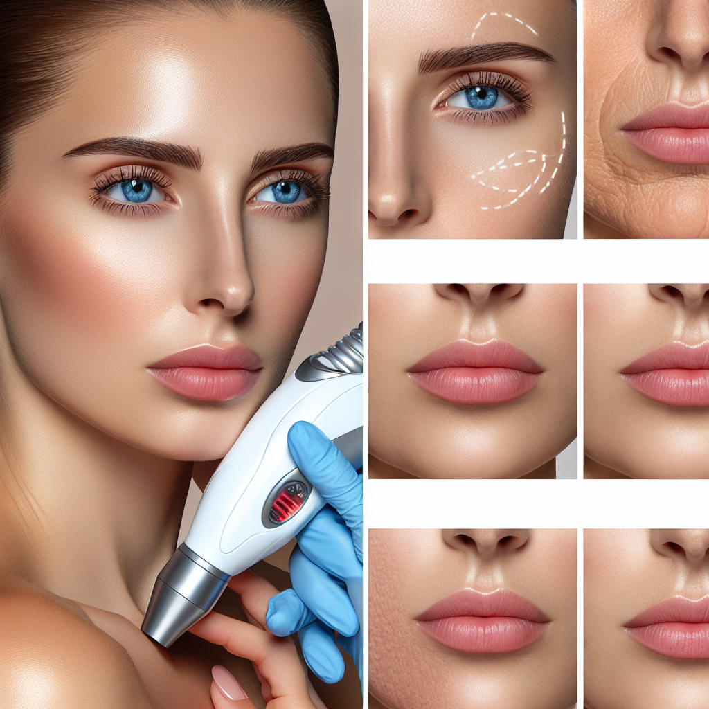 A collage showing before and after results of various advanced skin tightening treatments including laser therapy, ultrasound therapy, and chemical peels.