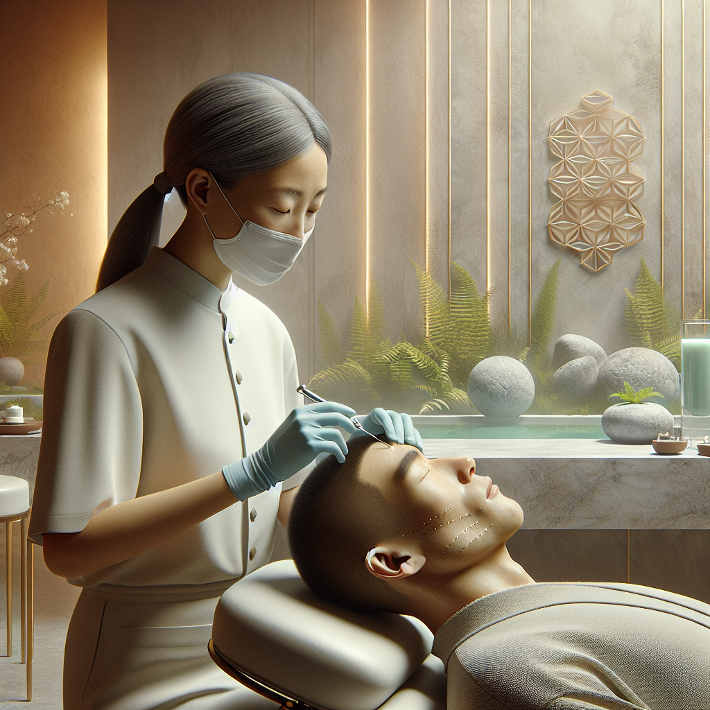 A serene spa environment showcasing a professional performing microneedling on a client's face
