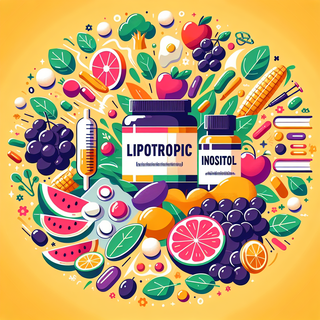 A vibrant illustration of lipotropic nutrients with a focus on choline and inositol surrounded by healthy foods