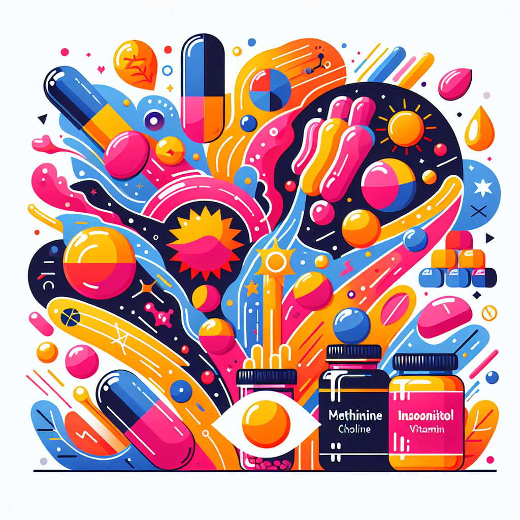 A vibrant illustration showing various lipotropic nutrients like methionine, choline, and inositol alongside vitamin B12 capsules in a colorful layout