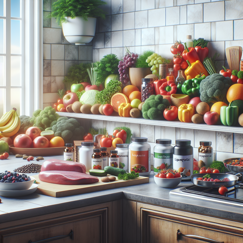 A vibrant display of healthy foods like fruits, vegetables, lean proteins alongside lipotropic supplements in an inviting kitchen setting.