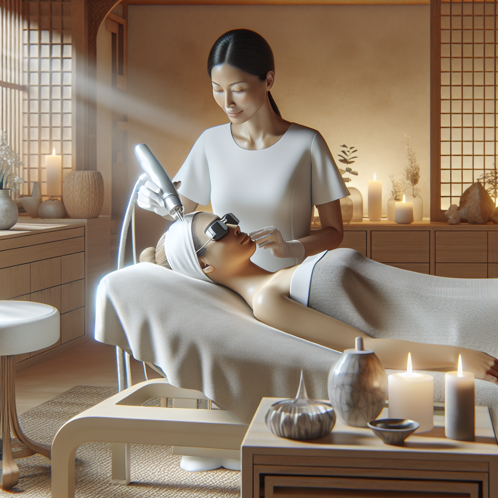 A serene spa setting with a laser facial treatment in progress, showcasing a client receiving treatment with advanced laser technology in a calming environment