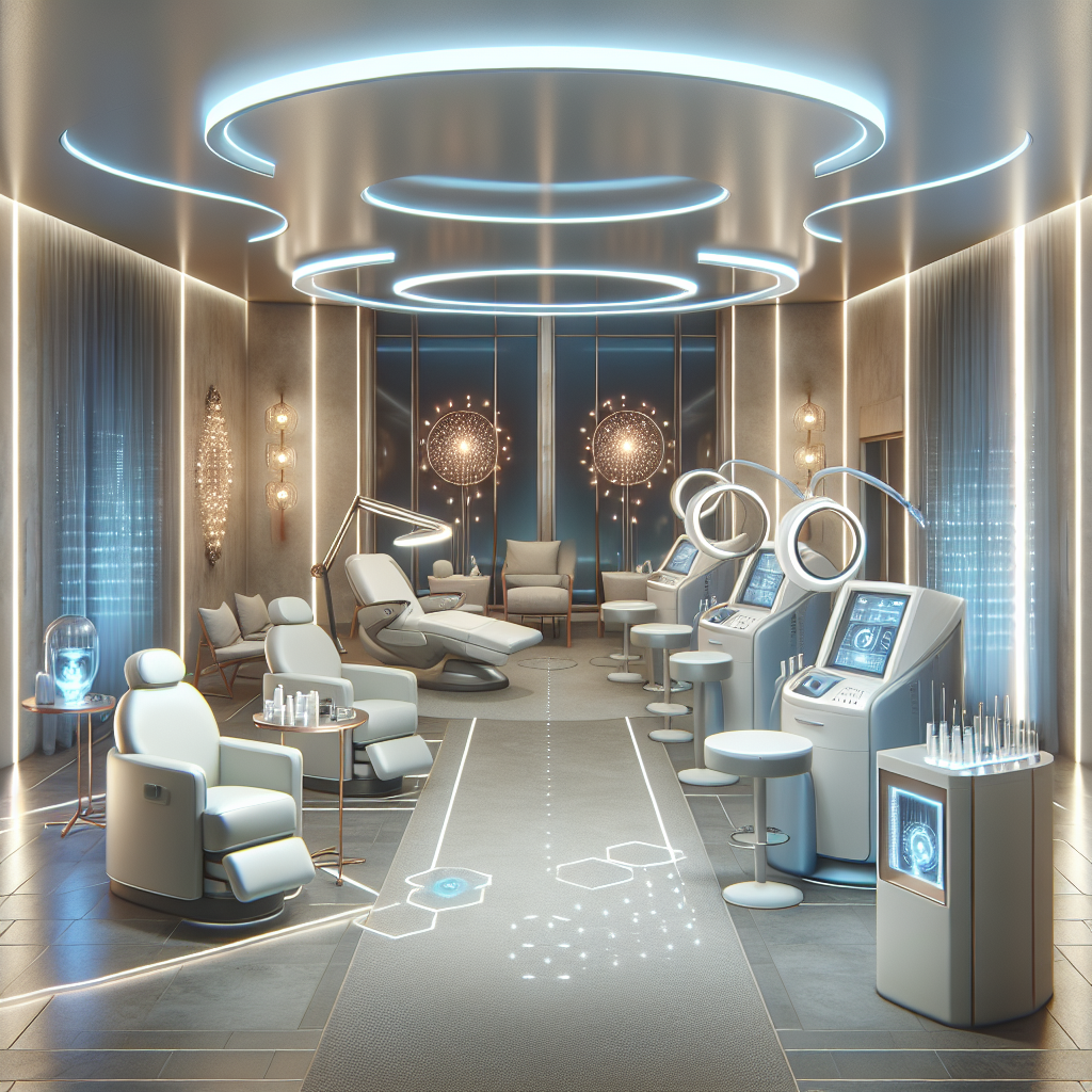 A modern med spa interior showcasing advanced skincare technologies like laser machines and LED therapy lights