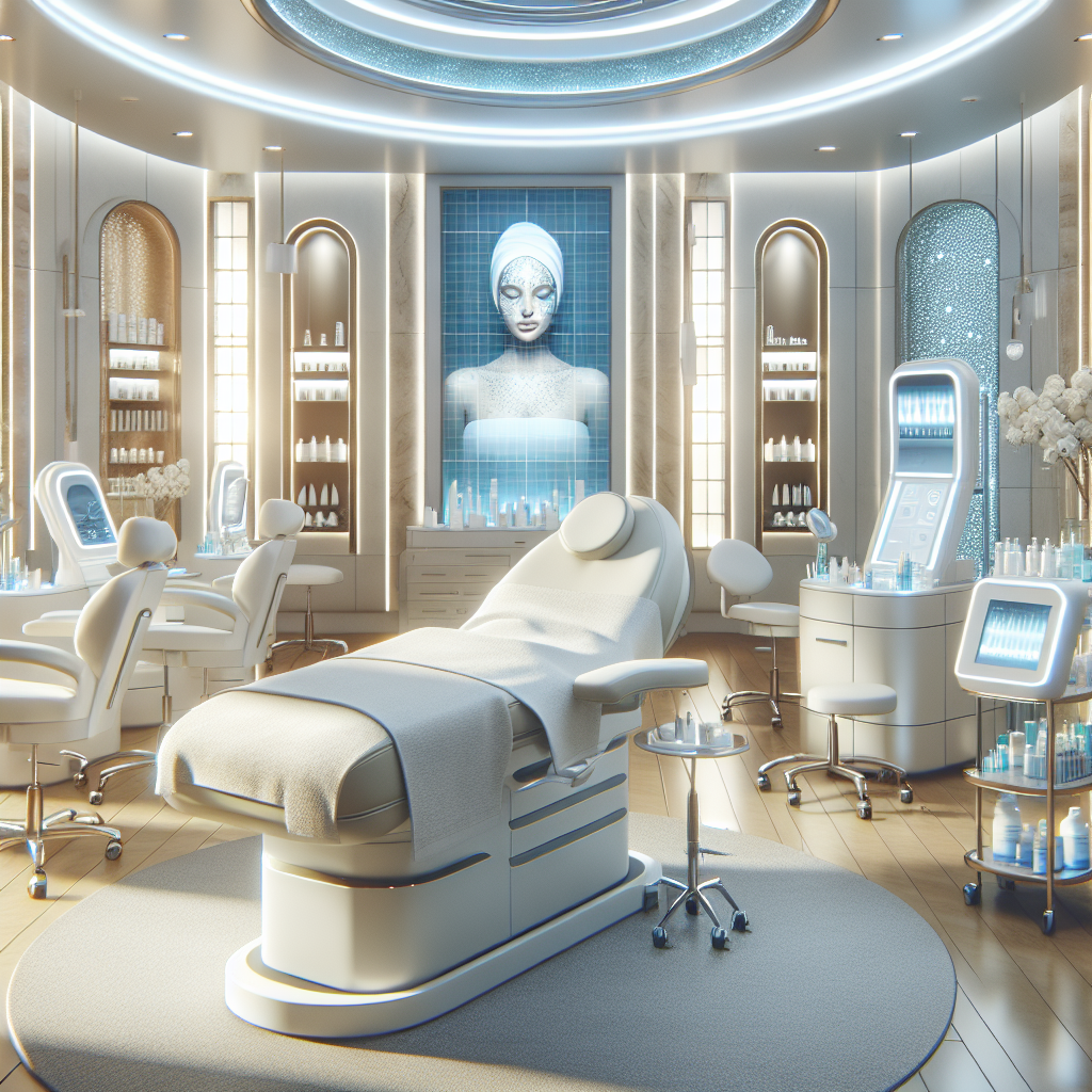 A serene med spa interior with advanced skincare technology in use, showcasing various aesthetic treatments being performed