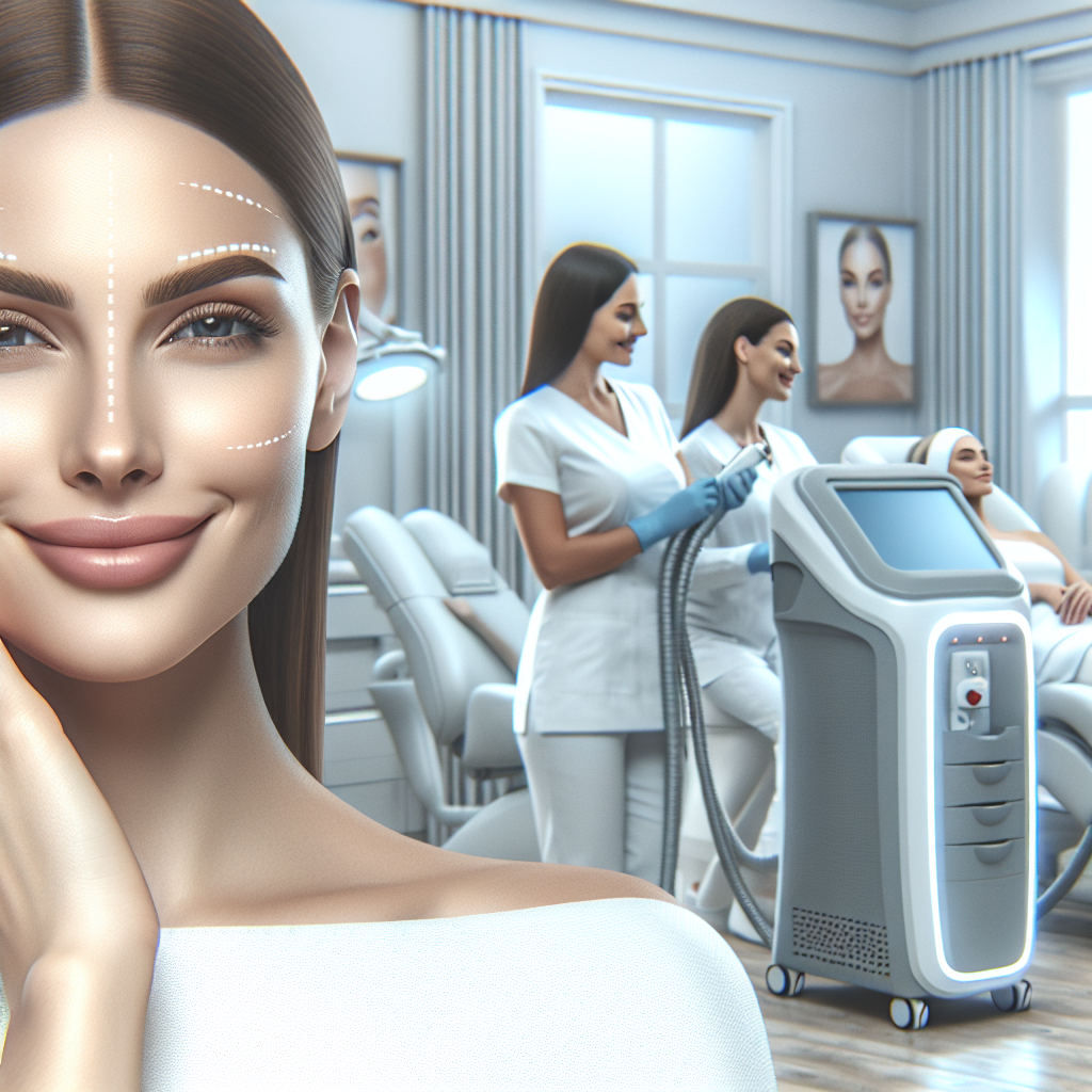 A modern aesthetic clinic interior showcasing advanced facial laser equipment and happy clients receiving treatment
