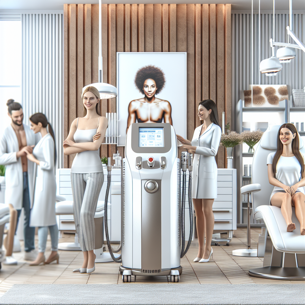 A modern skincare clinic interior showcasing advanced laser technology with happy clients receiving treatments