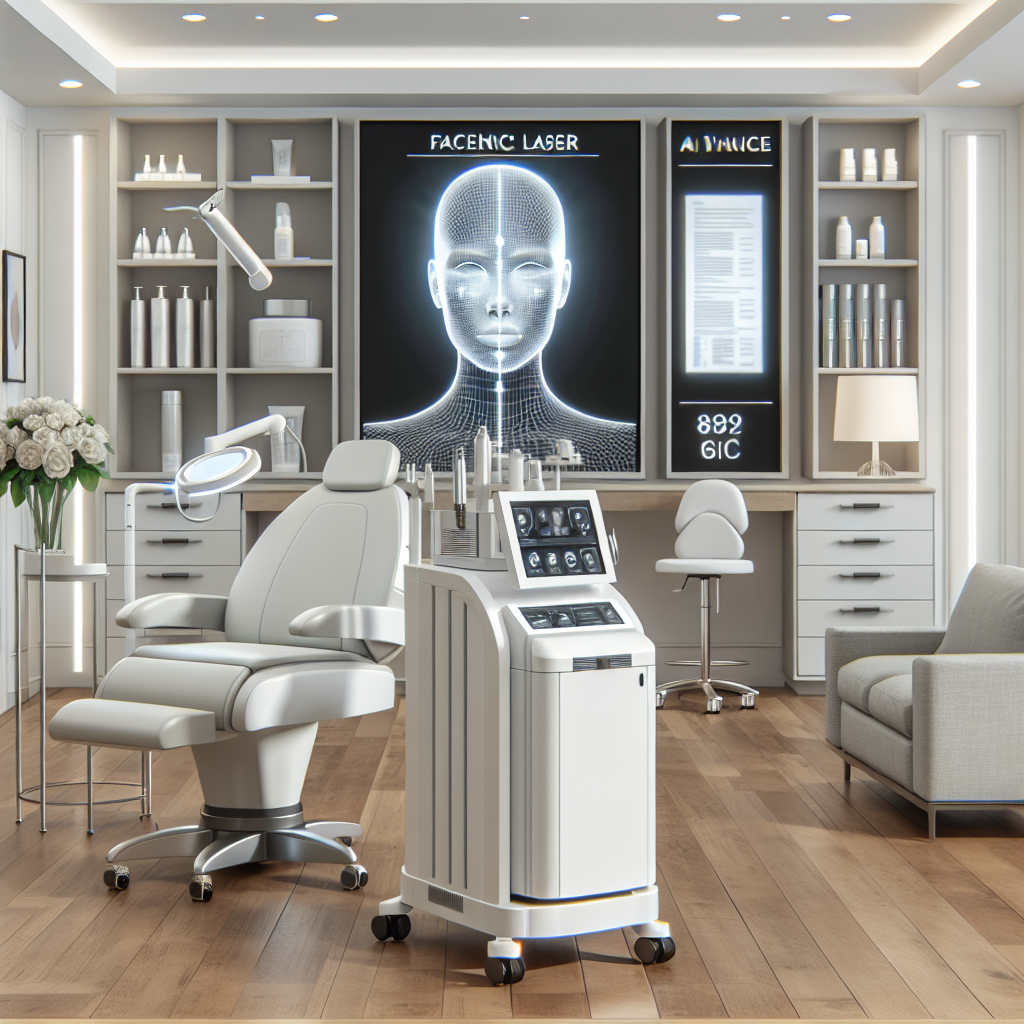 A modern aesthetic clinic interior with advanced facial laser equipment, showcasing a welcoming atmosphere