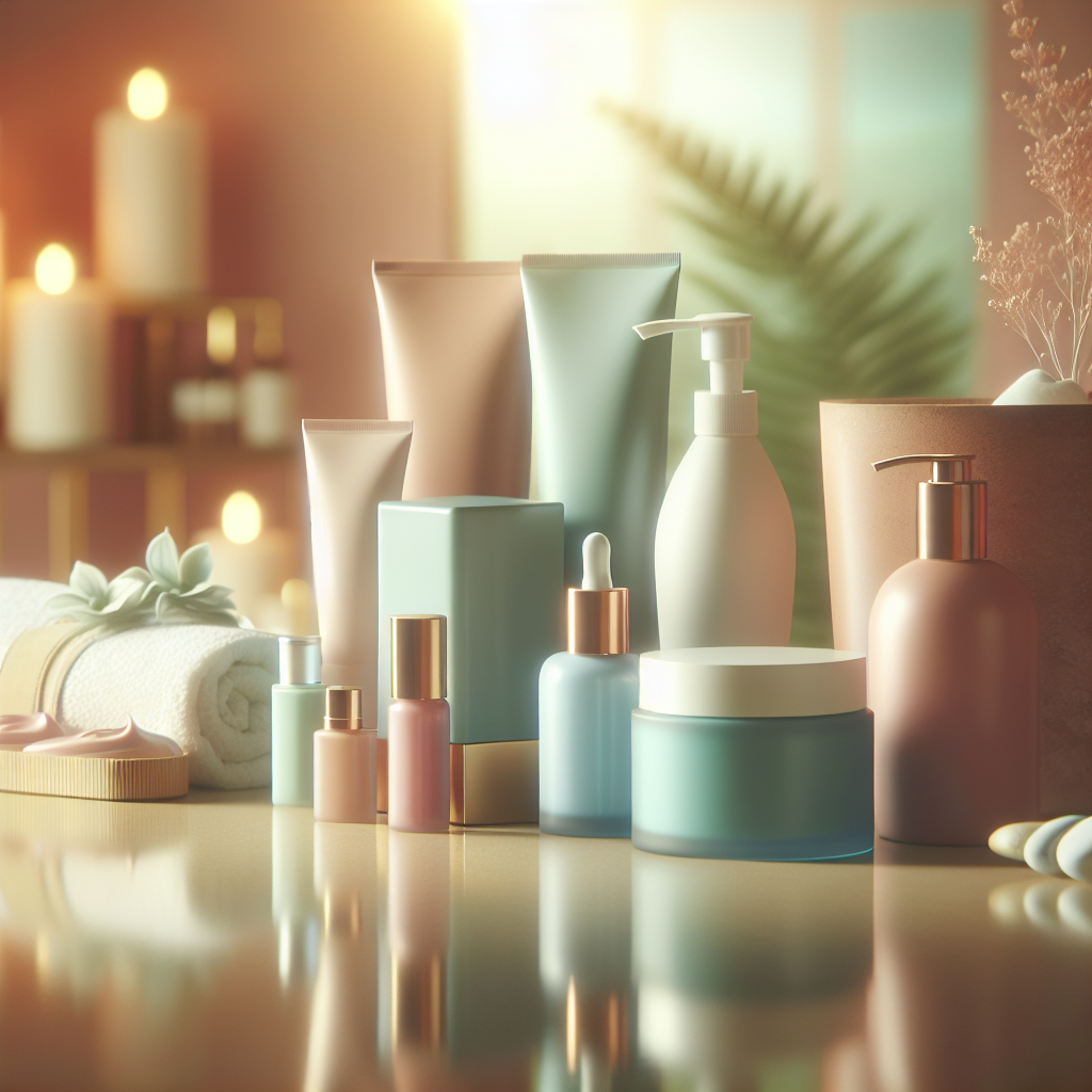A serene spa environment with soothing colors, showcasing skincare products arranged neatly on a counter
