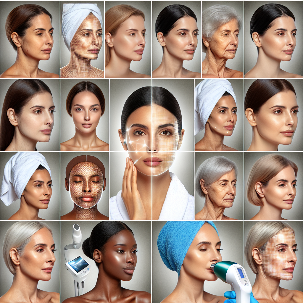 A collage showing before and after images of patients who have undergone various non-surgical skin tightening treatments including ultrasound therapy, radiofrequency treatments, and laser tightening