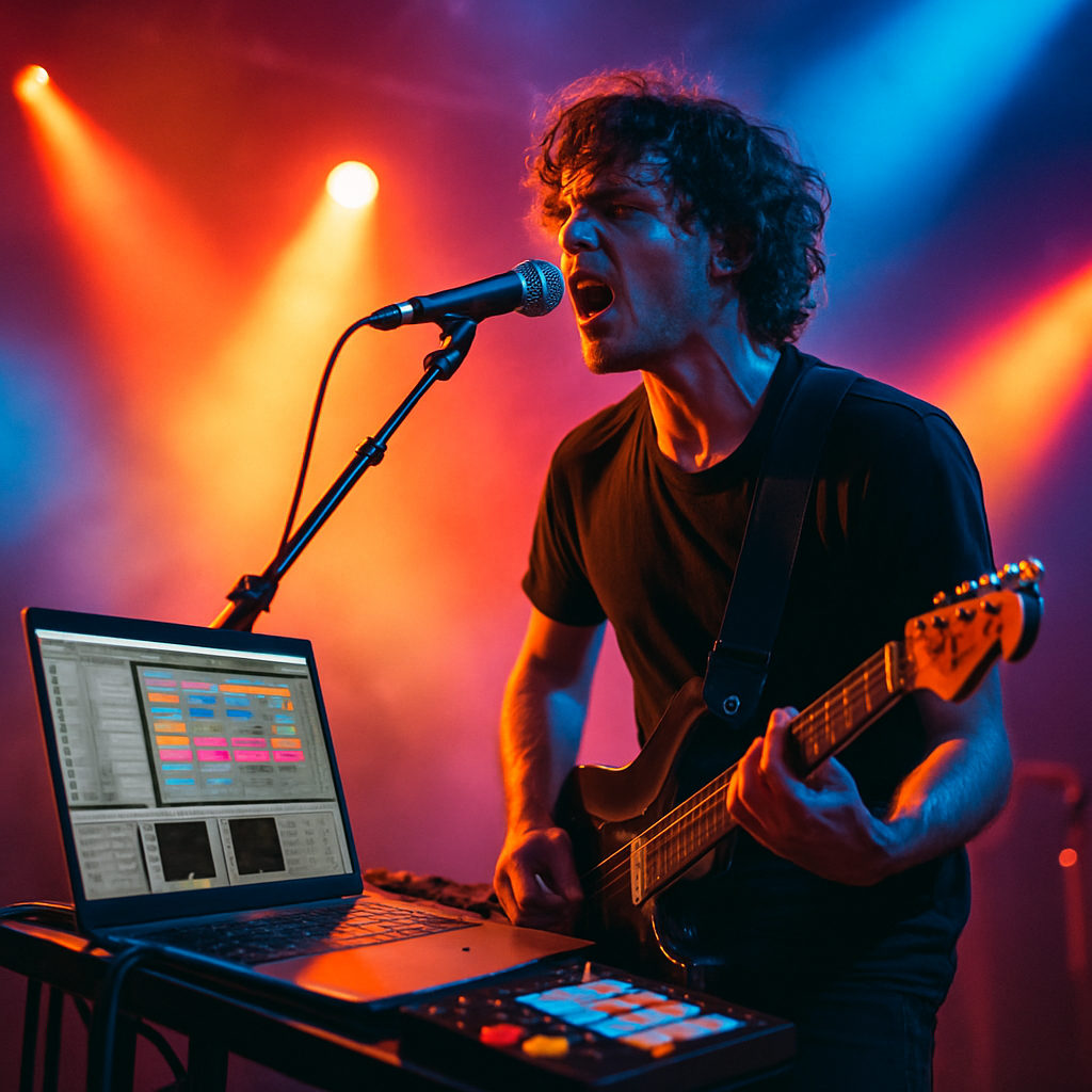 A musician performing live on stage with vibrant lights and a laptop showing midi software