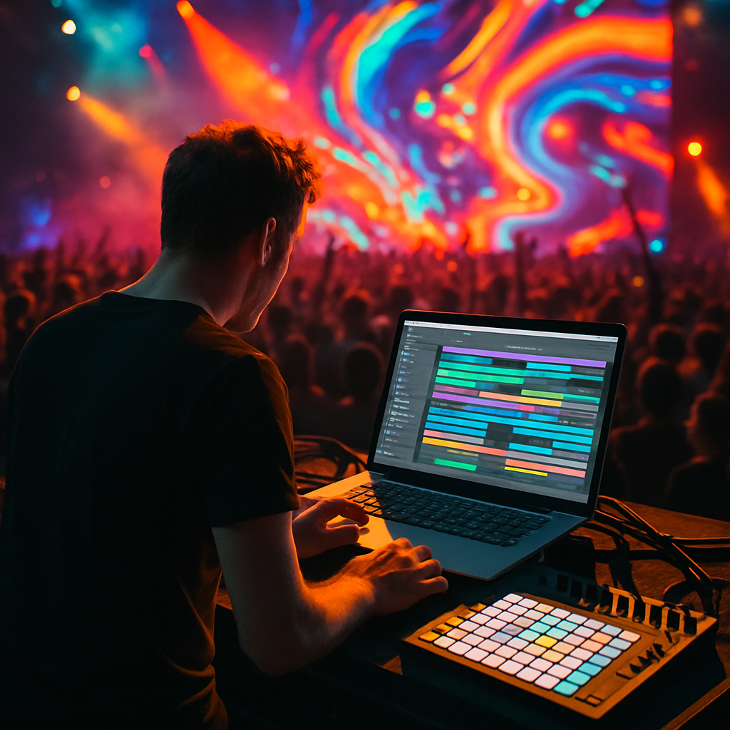 A musician using midi software on stage with vibrant visuals and audience engagement