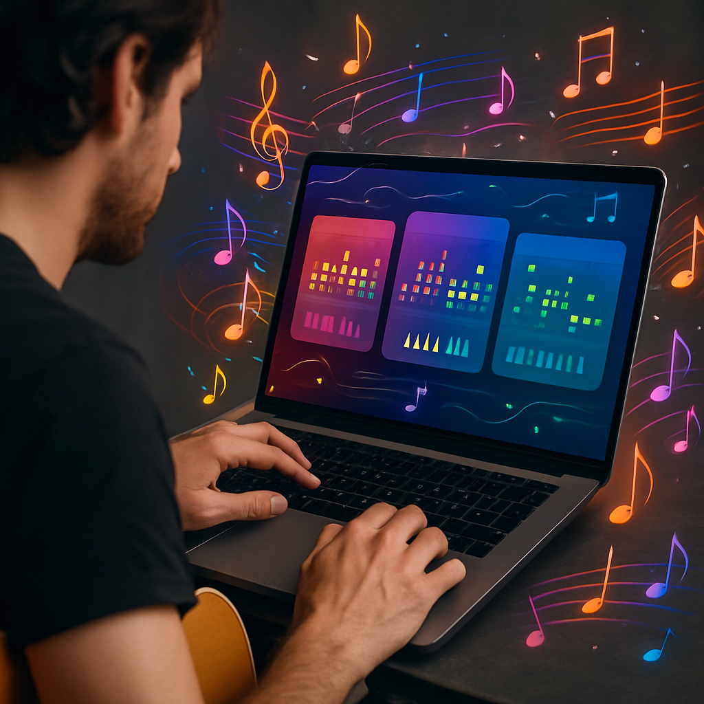 A musician browsing through midi files on a laptop with colorful graphics and music notes around