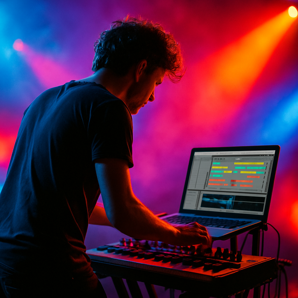 A musician performing on stage with a laptop showing midi software and vibrant lights