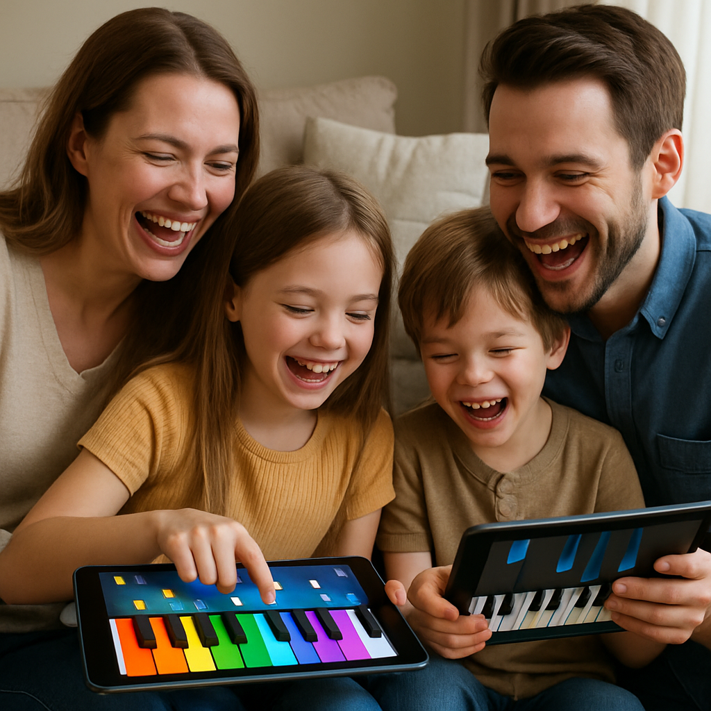 A cheerful scene depicting parents and children engaging with various piano games on tablets together, filled with laughter and joy