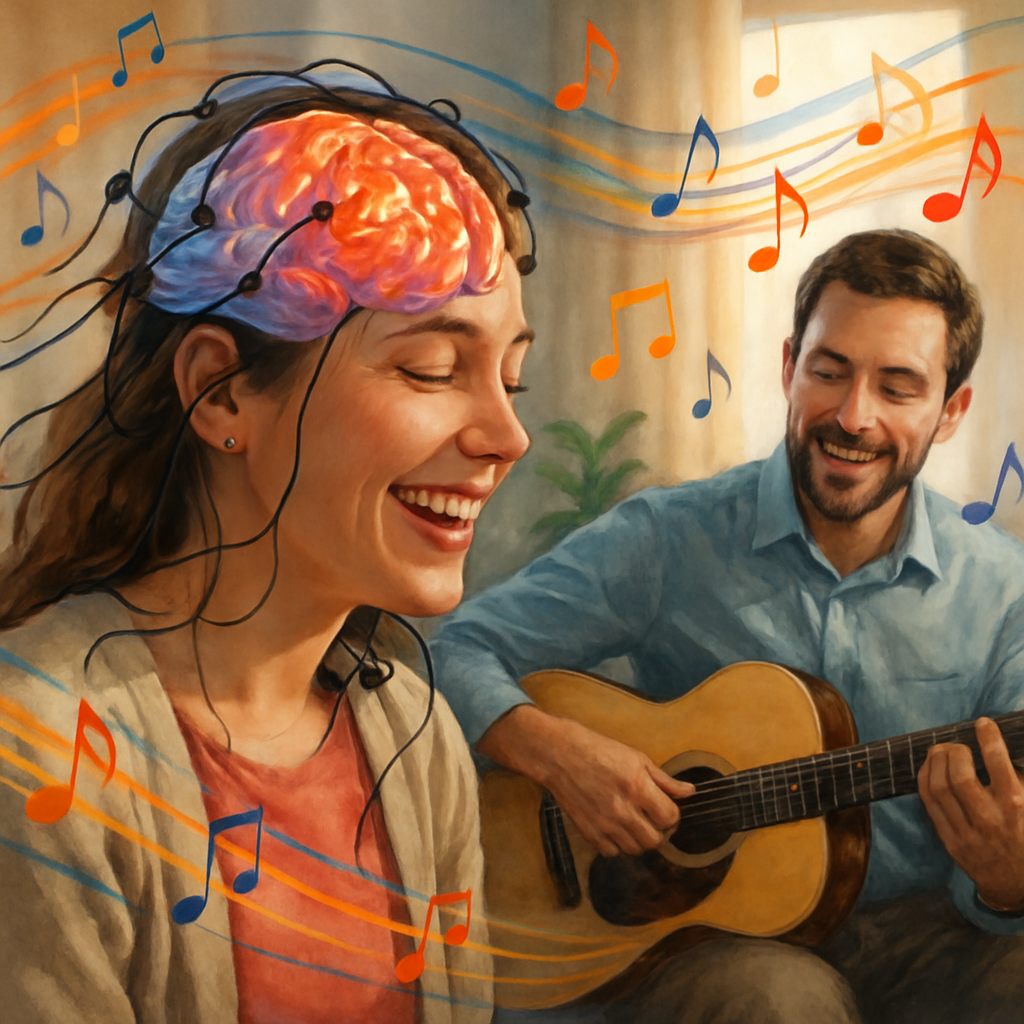 A colorful illustration showing brain activity during music therapy sessions with notes flowing around, depicting joy and engagement