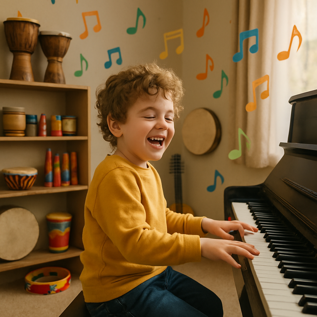 A child joyfully playing the piano in a cozy music therapy room filled with colorful instruments and musical notes floating around