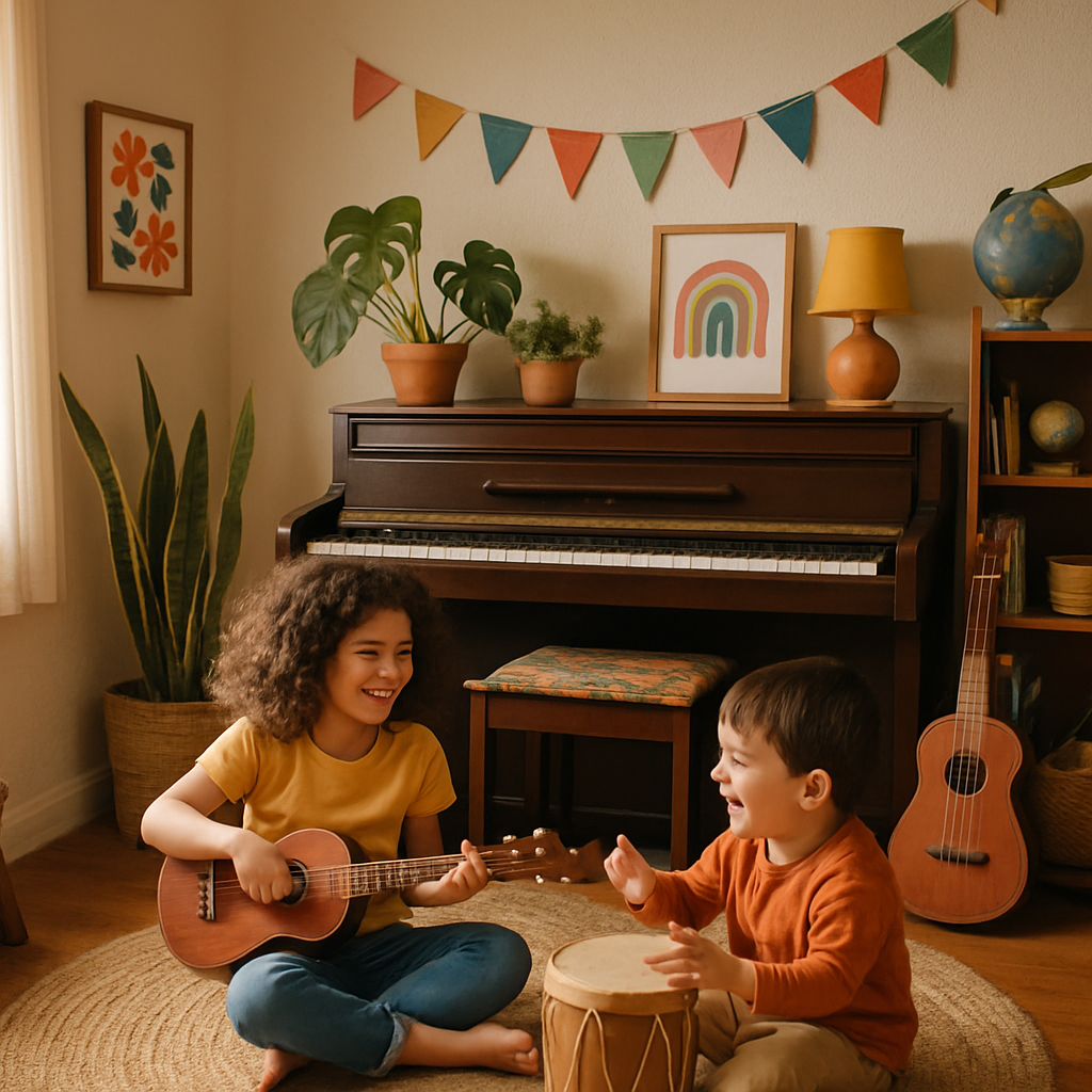 A cozy home music corner with colorful decorations, a piano, and children happily playing together