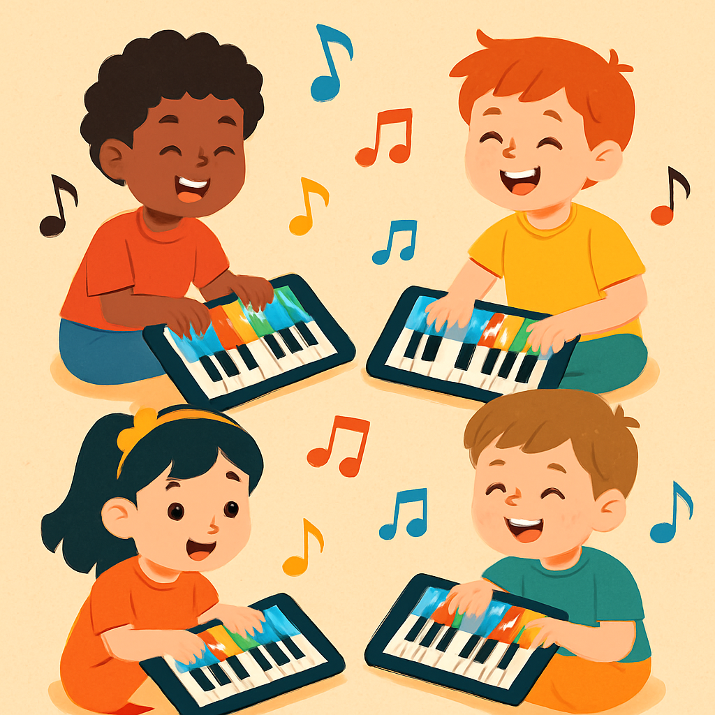 A colorful digital illustration showing children happily playing a virtual piano game on tablets while musical notes float around them