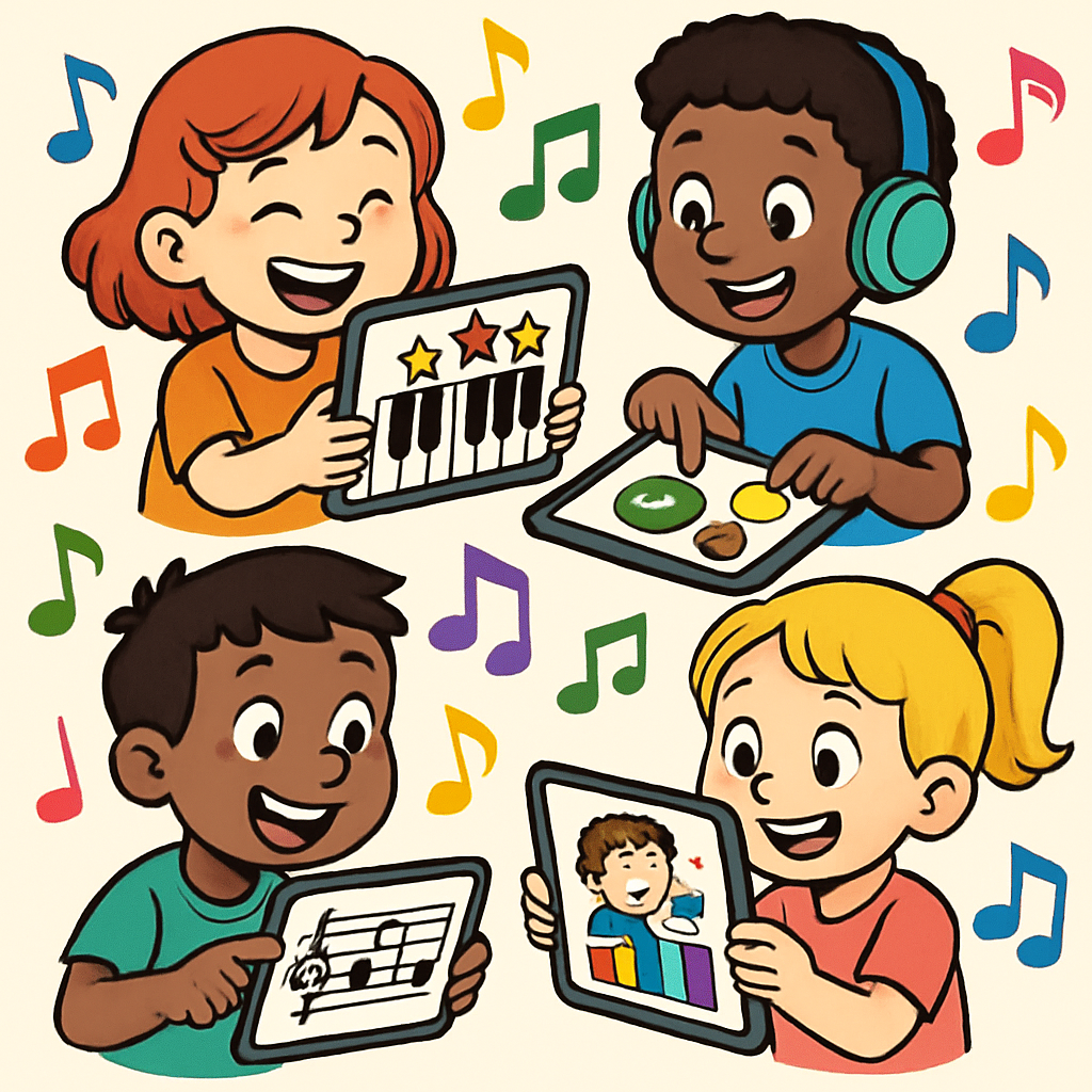 A cheerful illustration showing children interacting with educational music games on tablets while surrounded by colorful musical notes