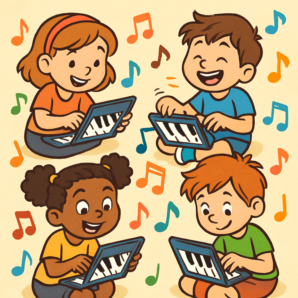 A cheerful illustration showing children happily playing various piano games on tablets while surrounded by colorful musical notes