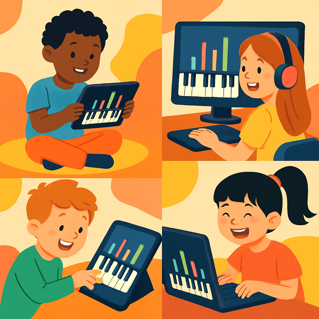A colorful illustration of children playing virtual piano games on tablets and computers, showcasing joy and engagement with music learning.