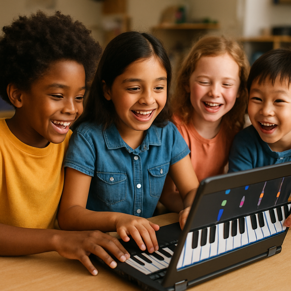 A vibrant scene showing diverse children collaborating on an online keyboard piano game, with smiles and expressions of joy while learning together.