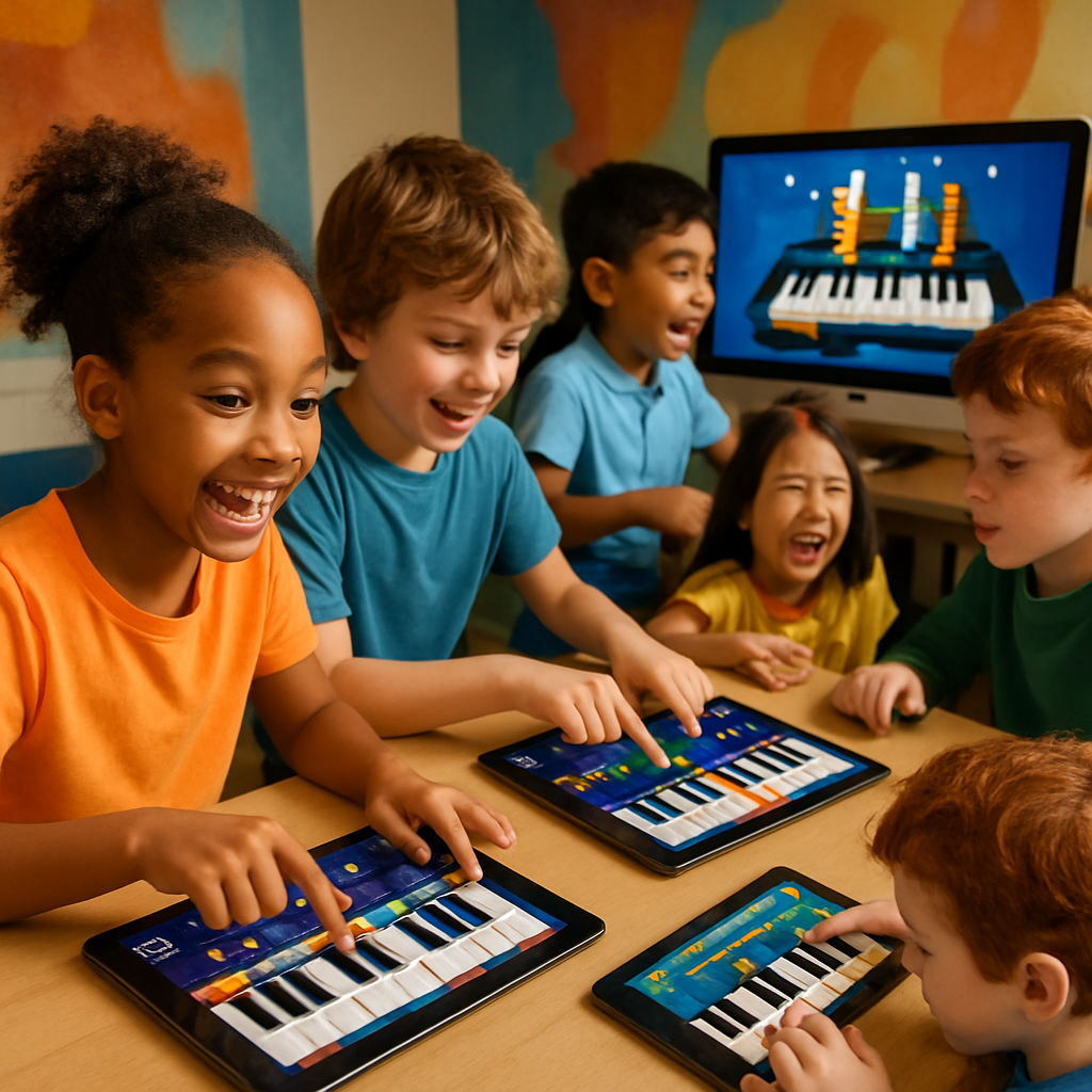 A vibrant illustration showing diverse children engaging with various interactive piano games on tablets and computers in a fun learning environment.