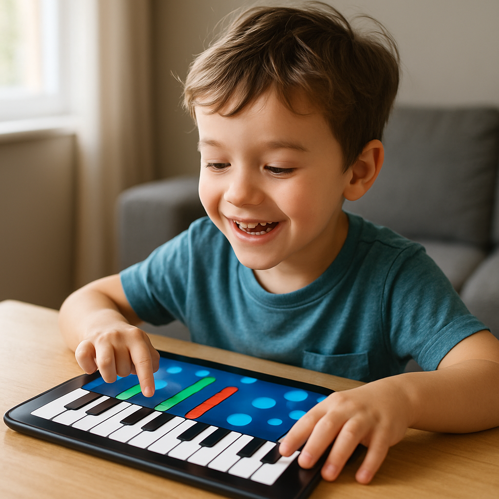 A joyful child focused on playing an interactive piano game on a tablet, showcasing concentration and enjoyment while learning music.