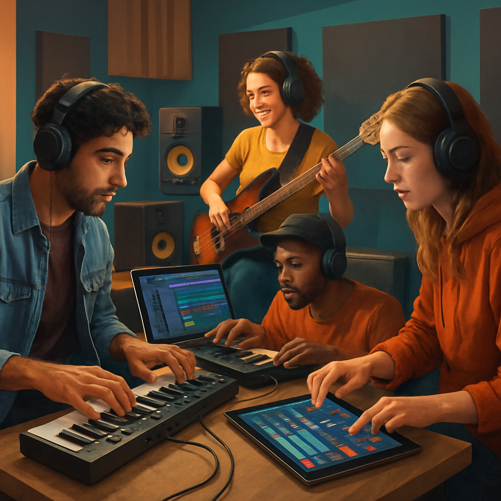 A vibrant digital illustration depicting musicians using laptops and tablets to create MIDI music in a modern studio setting