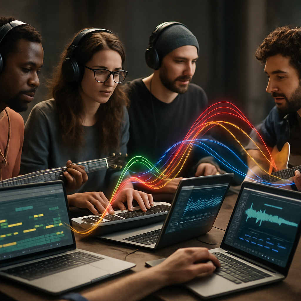 A dynamic scene showing various musicians collaborating on computers with colorful sound waves representing MIDI data flowing between them