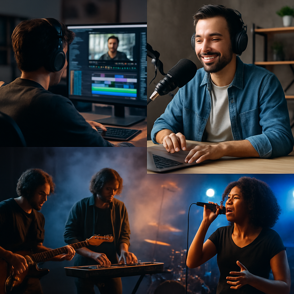 A collage showing different types of content creation: video editing, podcasting, and live performances with musicians using MIDI tracks