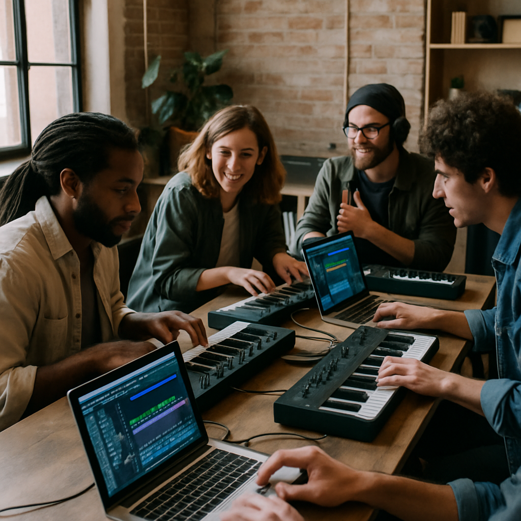 A creative workspace with musicians collaborating using laptops and MIDI keyboards, showcasing digital audio workstations in action