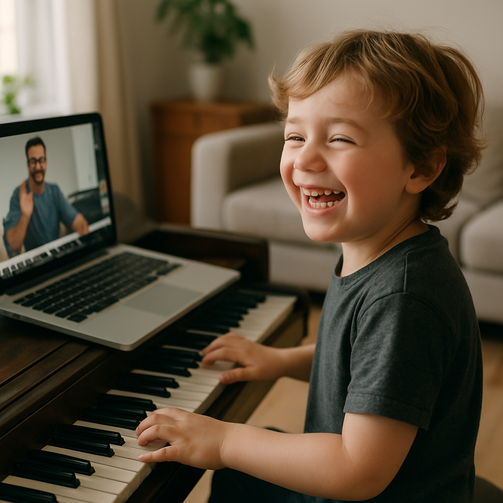 A joyful child playing piano at home during an online lesson with a laptop showing their instructor on screen