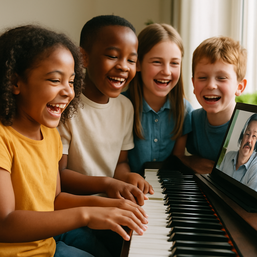 A joyful group of children participating in an online piano lesson together via video call, sharing smiles and laughter