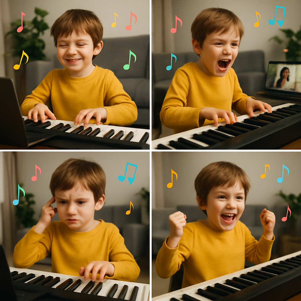 A child expressing various emotions while playing the piano at home during an online lesson, with colorful musical notes floating around