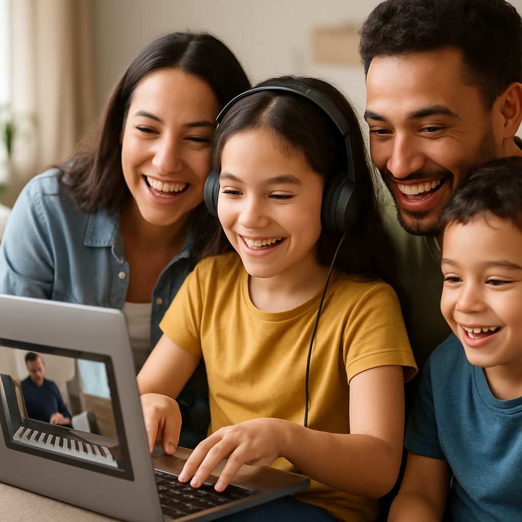 A happy family exploring an online piano lesson platform together on a laptop