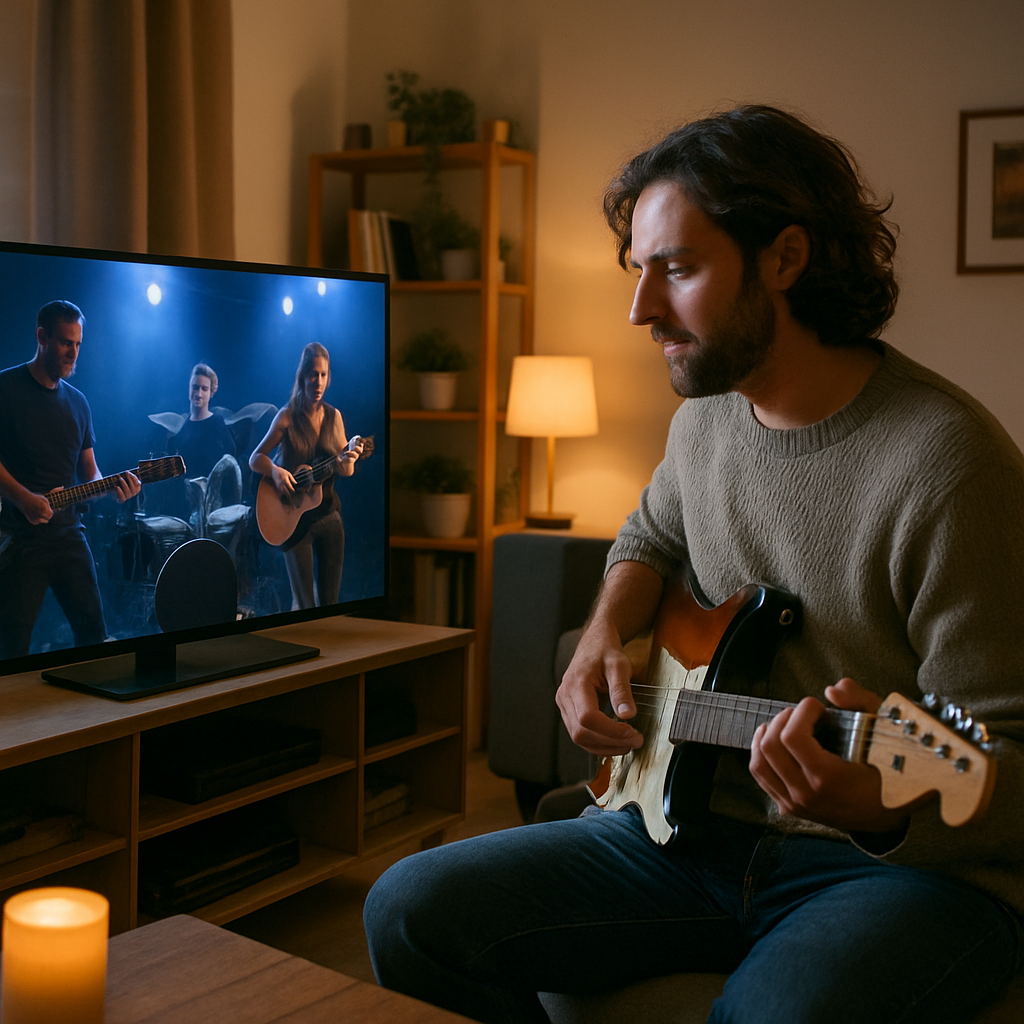 A guitarist playing along with a virtual band in a cozy home setting