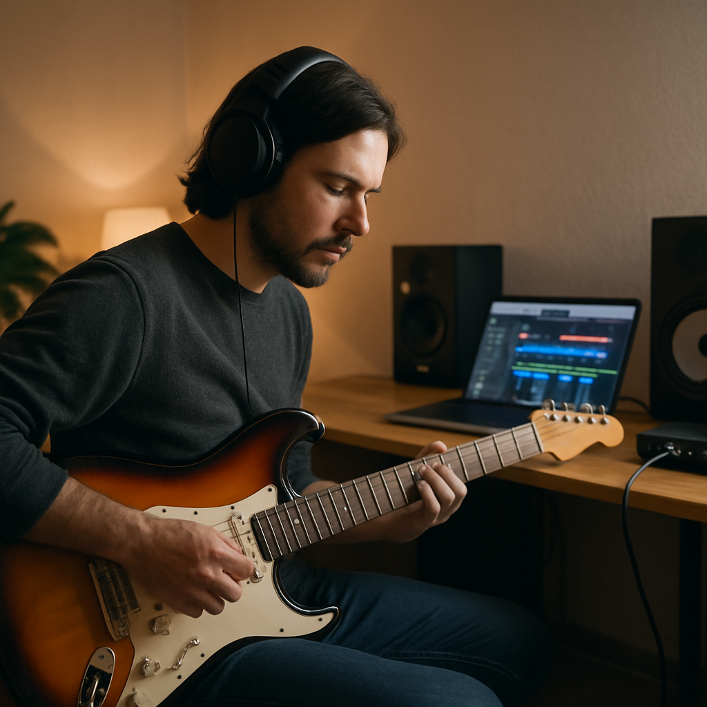 A guitarist practicing with high-quality backing tracks in a cozy home studio setting