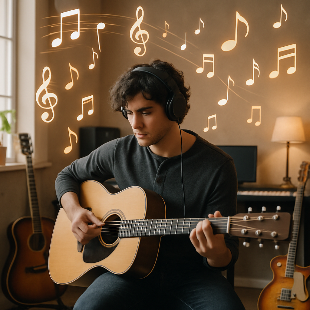 A guitarist practicing with headphones on, surrounded by various musical notes and instruments in an inspiring home studio setting