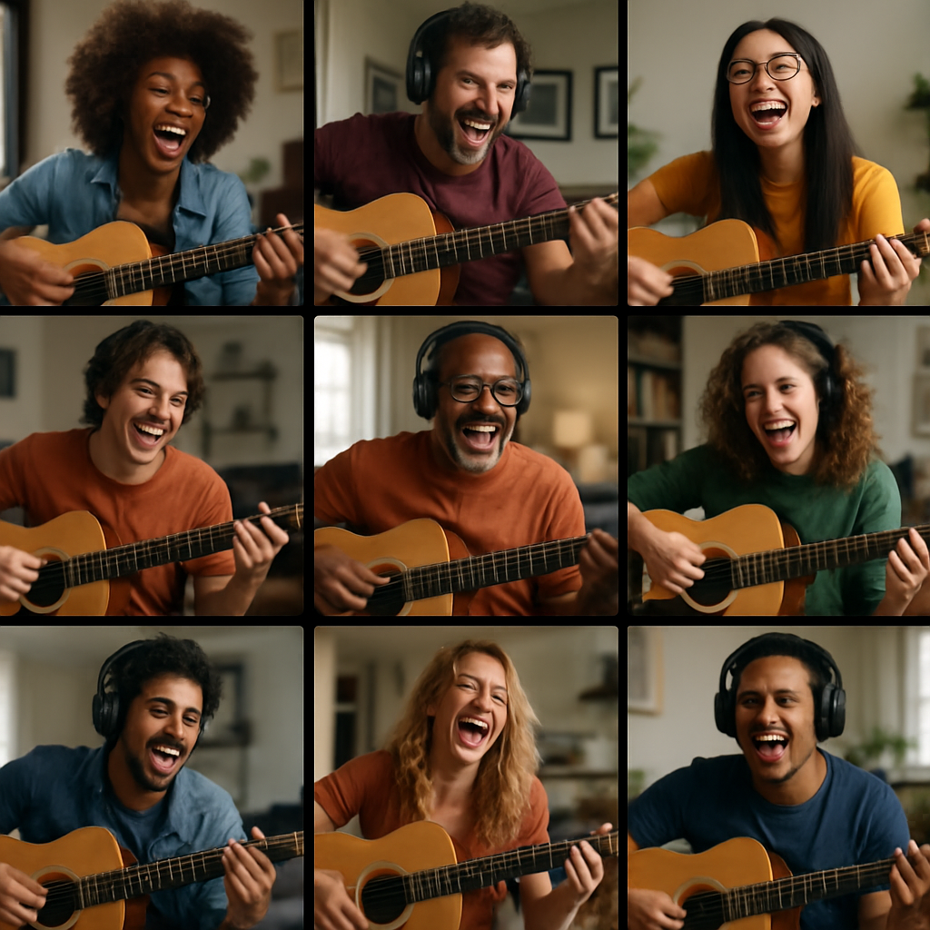 A vibrant online jam session featuring diverse musicians playing guitars together through video calls
