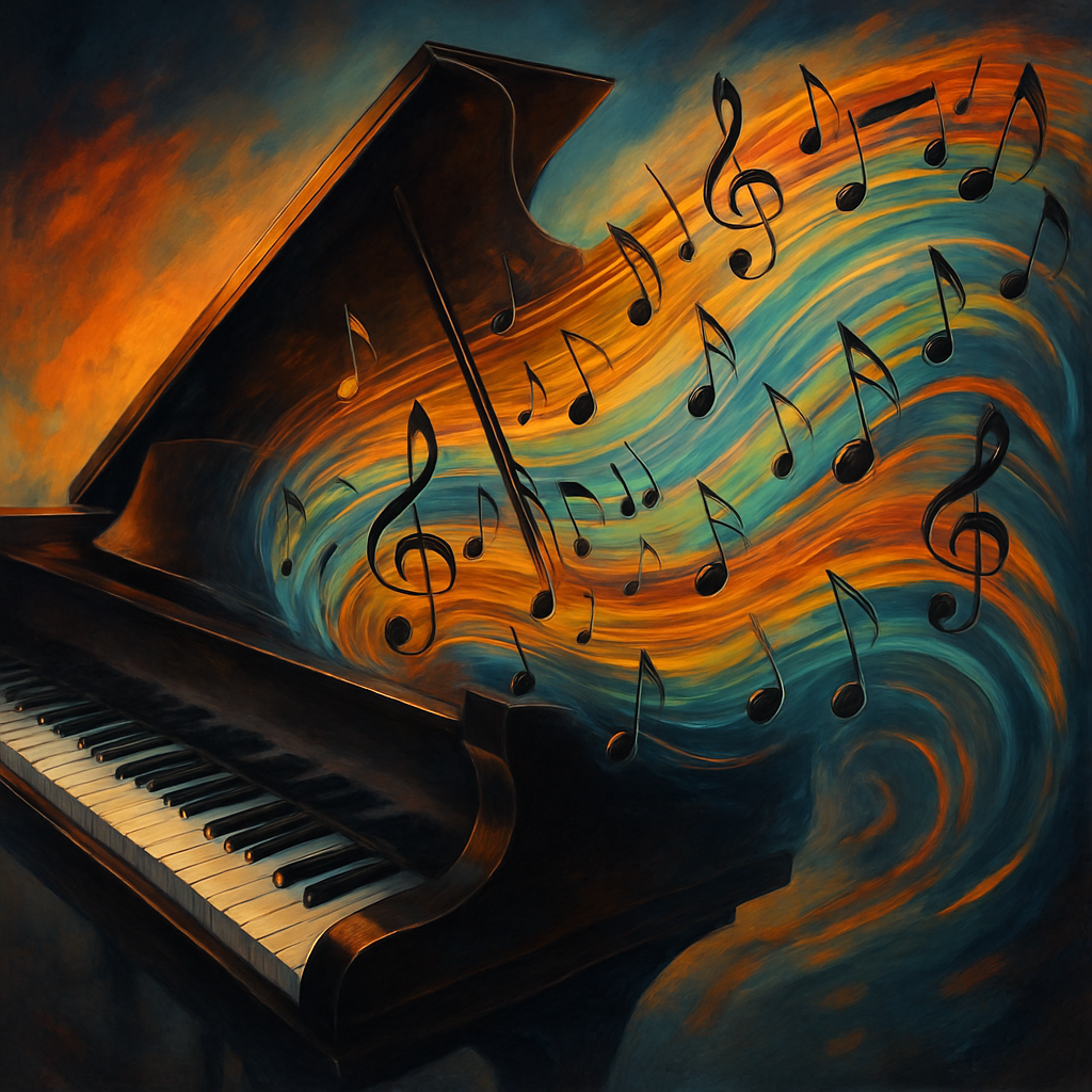 A vibrant illustration depicting a piano with musical notes flowing around it, symbolizing the magic of melodic minor scales
