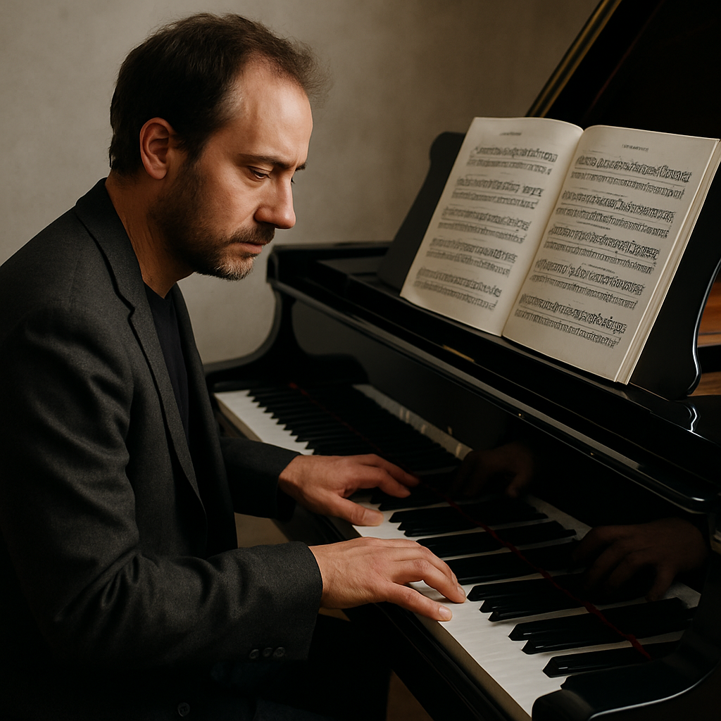 A pianist playing on a grand piano with sheet music featuring melodic minor scales