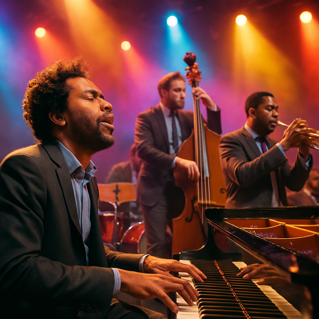 A vibrant jazz band performing on stage with colorful lights, focusing on a pianist playing using melodic minor scales