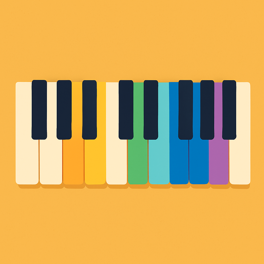 A colorful piano keyboard featuring notes from the melodic minor scale