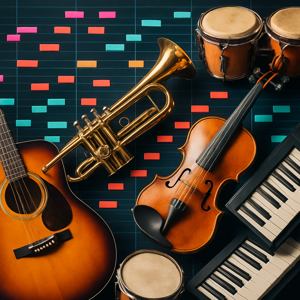 A vibrant digital collage of various musical instruments with MIDI notation overlays