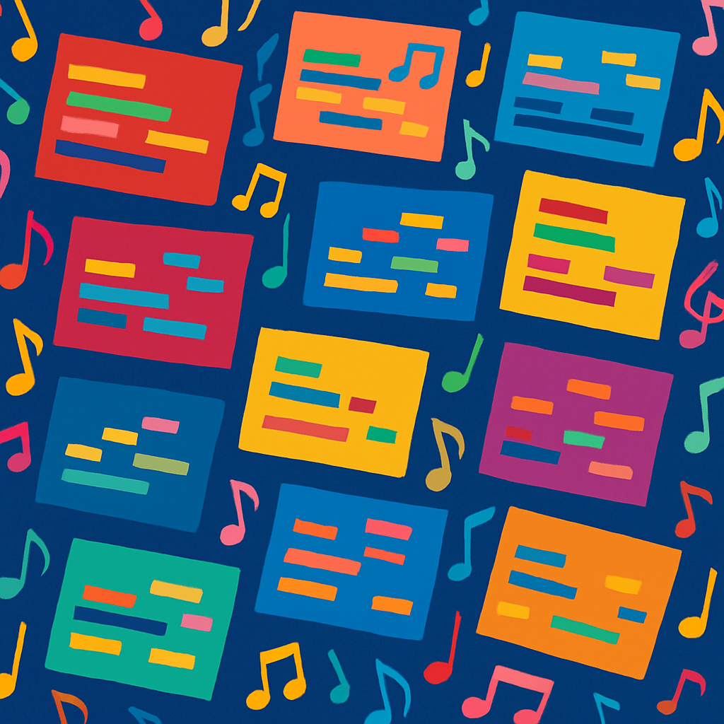 A vibrant collage featuring popular song titles and musical notes in a MIDI format style